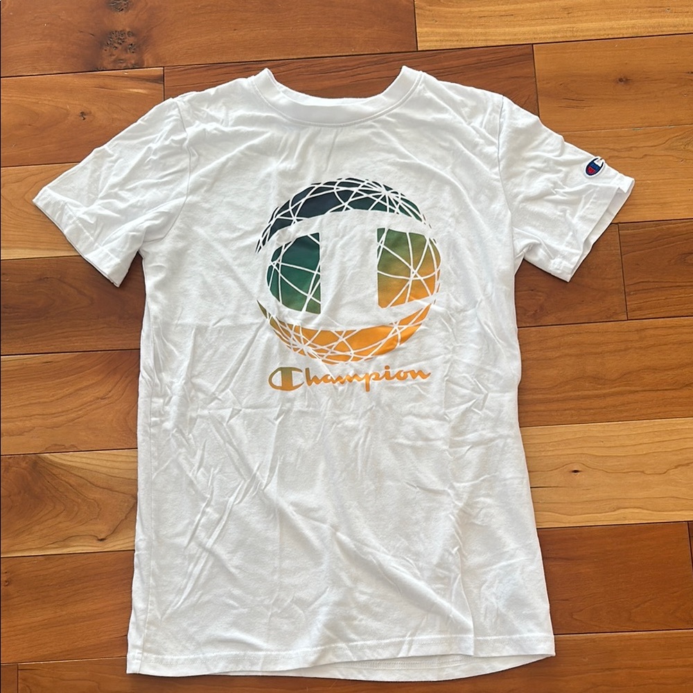 Champion White Tee with Multicolor Logo